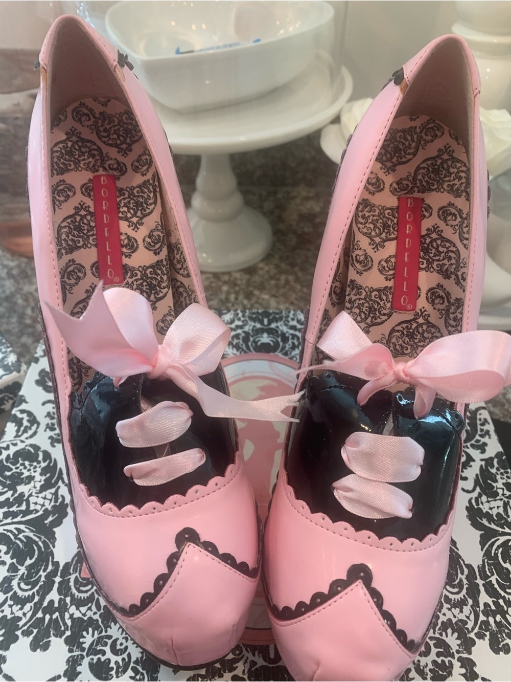 Bordello Pink Patent Platform Pumps with Black Trim and Ribbon - Picture 7 of 10
